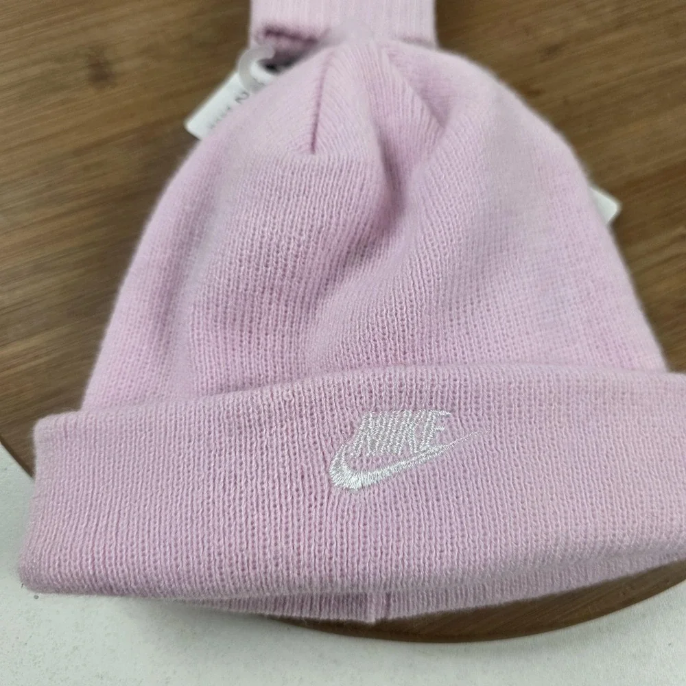 Nike Beanie Hat Mittens Set Infant Girls One Size Pink Knit Cuffed Logo